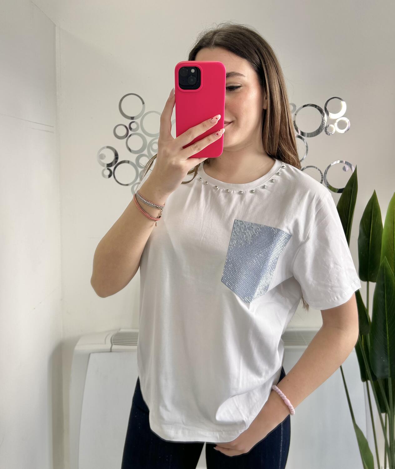 NOVITÀ T-shirt in cotone tasca brillantinata