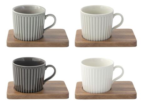 Easy Life – Set 4 tazzine espresso 110 ml con piattini in acacia in scatola regalo