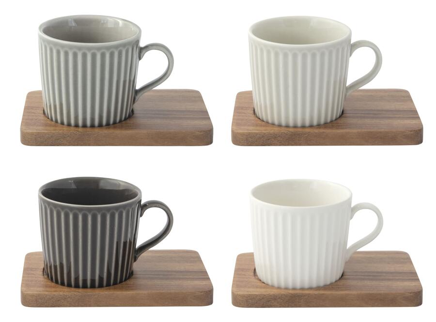 Easy Life – Set 4 tazzine espresso 110 ml con piattini in acacia in scatola regalo