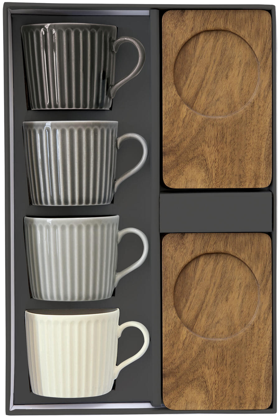 Easy Life – Set 4 tazzine espresso 110 ml con piattini in acacia in scatola regalo