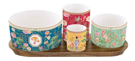 Easy Life – Set aperitivo “Jardins d’Orient” con 4 ciotoline in porcellana e vassoio in acacia 