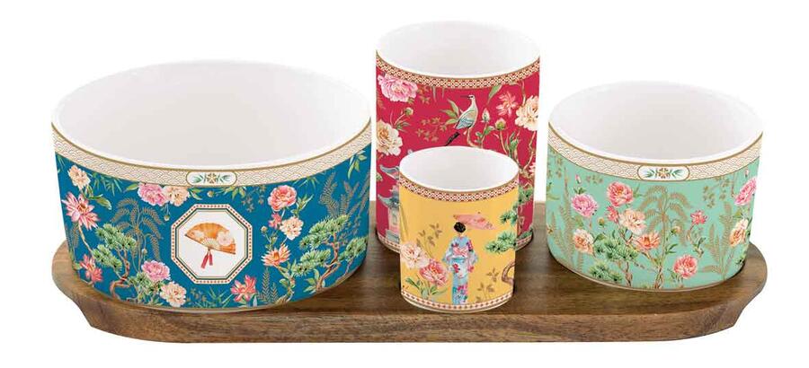 Easy Life – Set aperitivo “Jardins d’Orient” con 4 ciotoline in porcellana e vassoio in acacia 