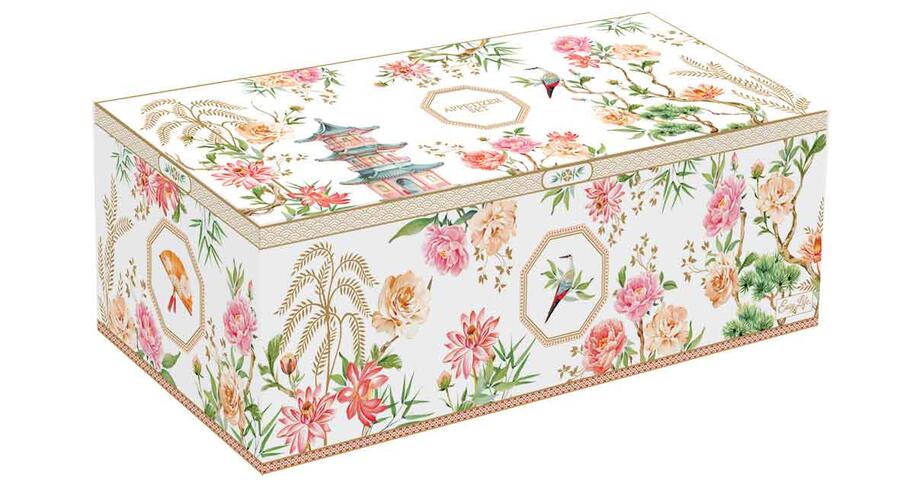 Easy Life – Set aperitivo “Jardins d’Orient” con 4 ciotoline in porcellana e vassoio in acacia 