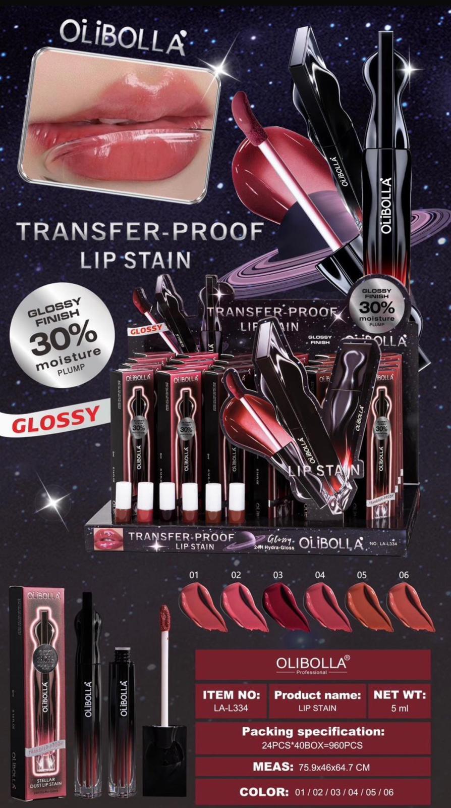 OLIBOLLA TRANSFER - PROOF LIP STAIN GLOSSY (Conf. da 24 pezzi)