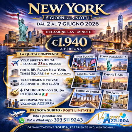 2 GIUGNO 2026 | NEW YORK - 6 giorni e 5 notti nella Grande Mela |OFFERTA LAST MINUTE