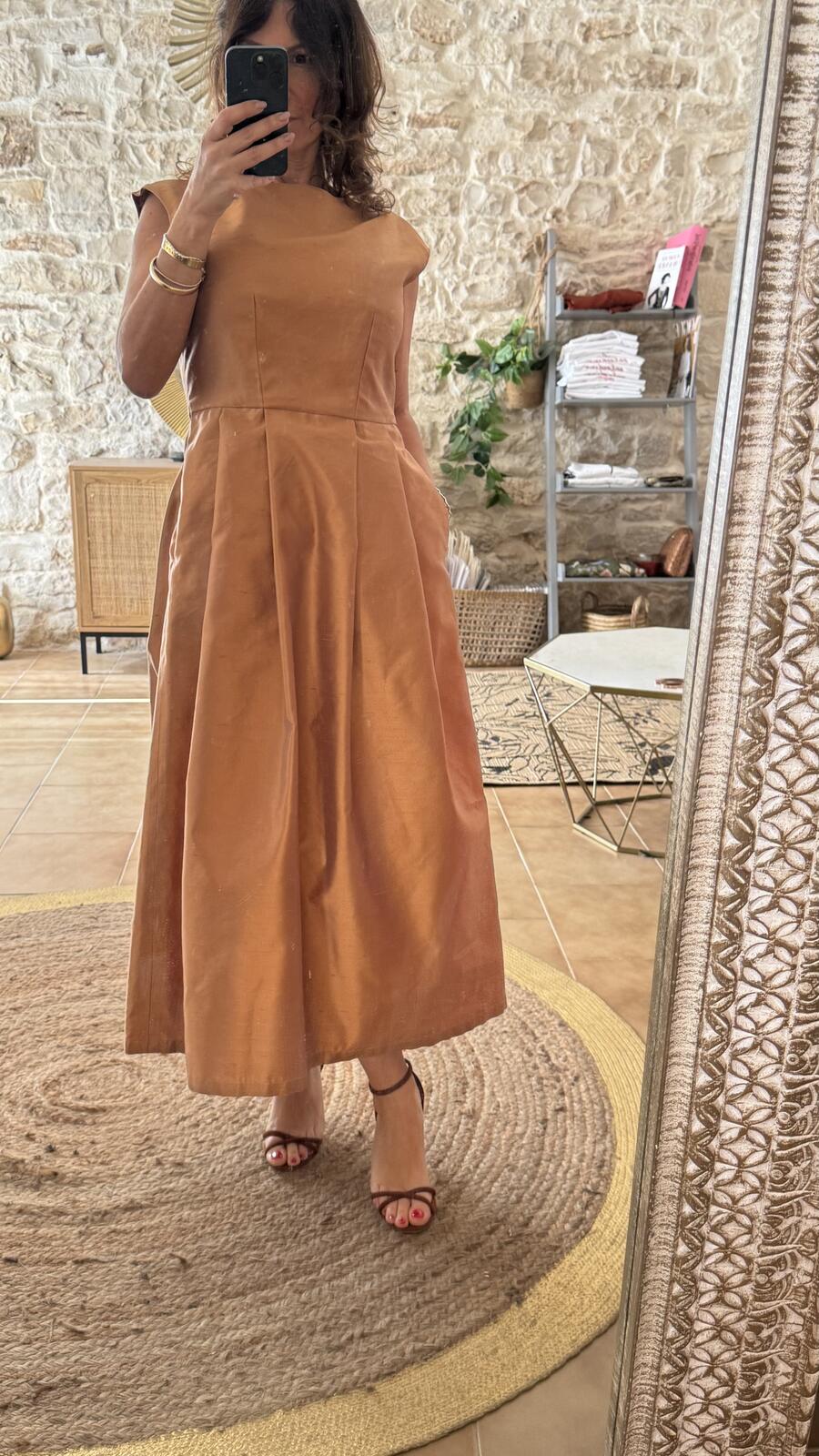 Camel Dress Shantung pura seta