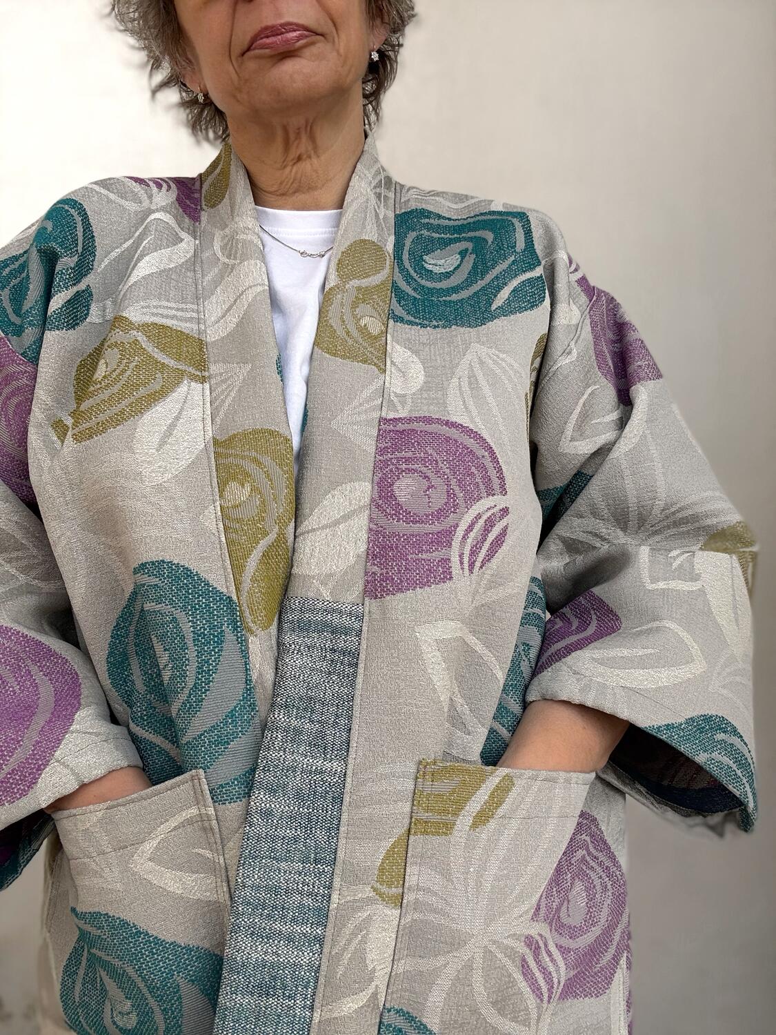 Kimono fiori ottanio e glicine