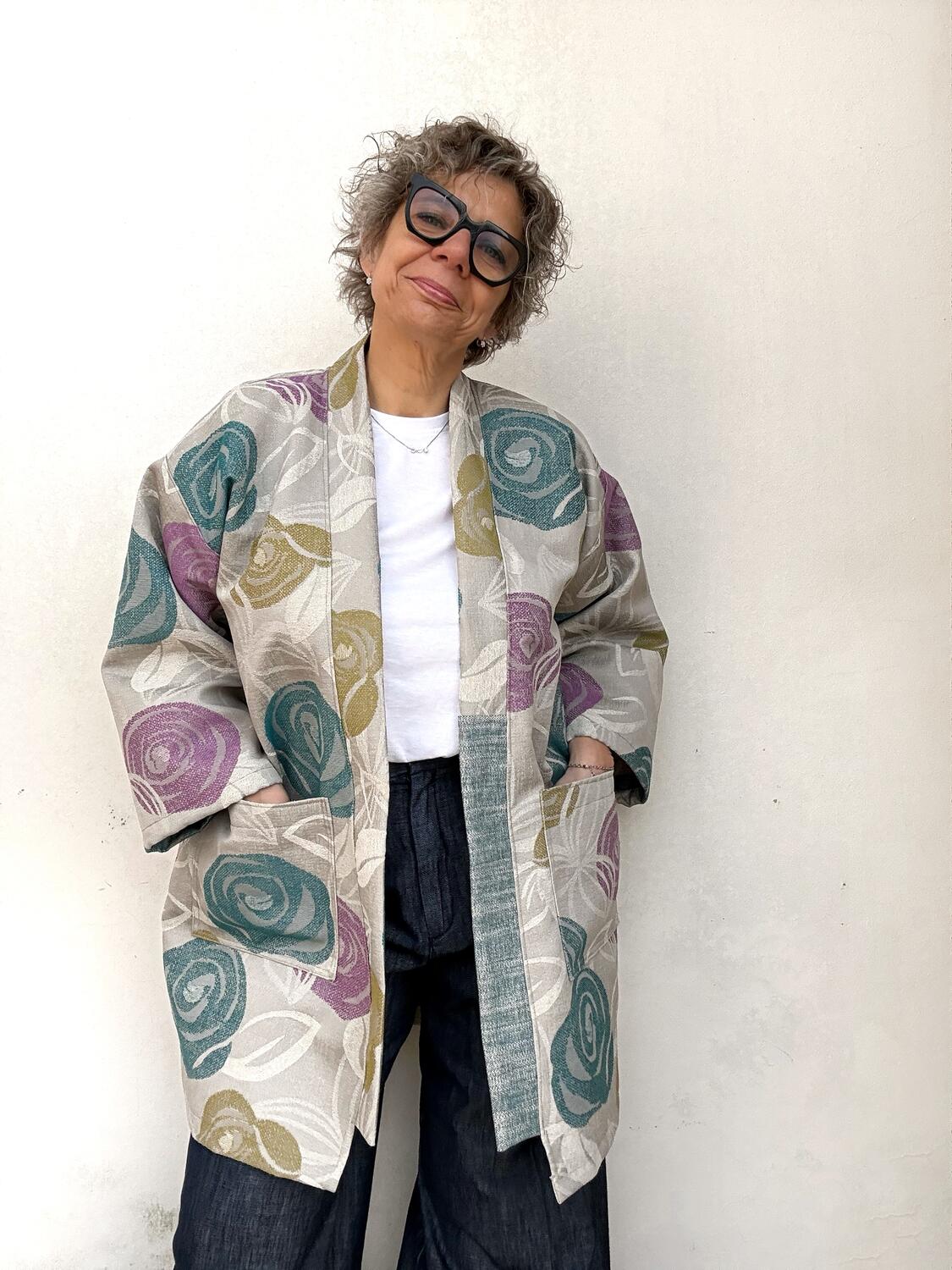 Kimono fiori ottanio e glicine