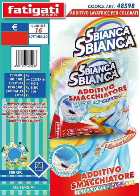 FATIGATI SBIANCA SBIANCA ADDITIVO PER BIANCHI E COLORATI SMACCHIATORE DA 500 gr
 [Conf.da 16 pezzi]
