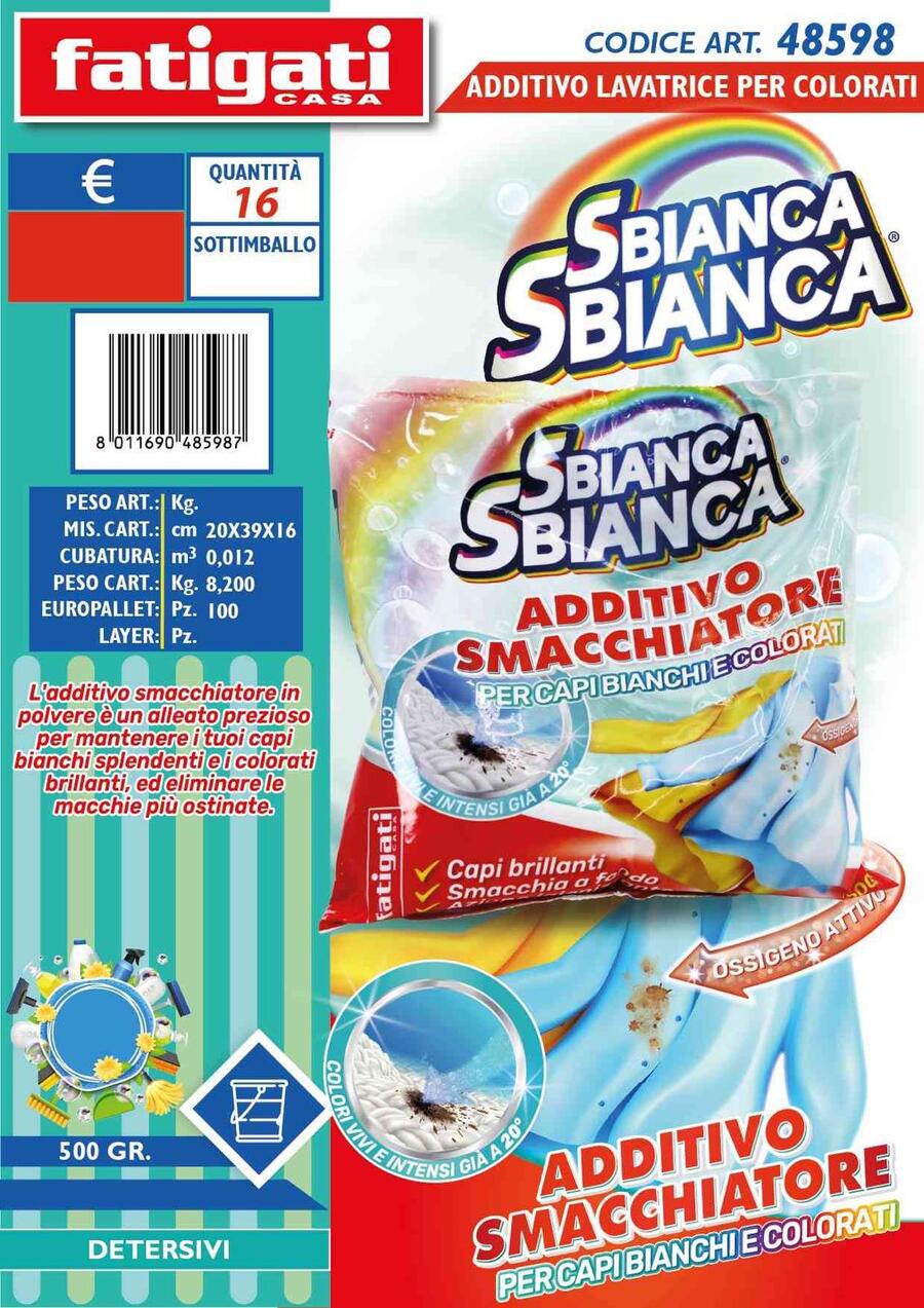 FATIGATI SBIANCA SBIANCA ADDITIVO PER BIANCHI E COLORATI SMACCHIATORE DA 500 gr
 [Conf.da 16 pezzi]
