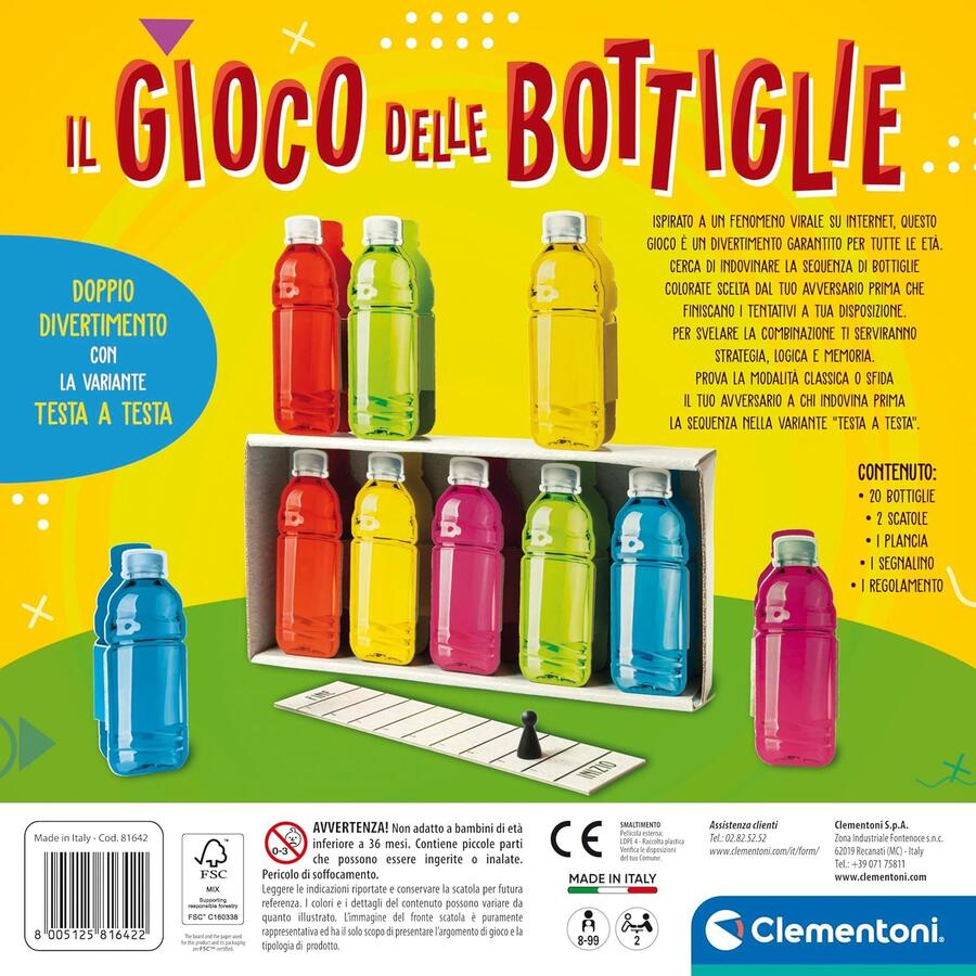 Clementoni - Il Gioco delle Bottiglie, Party Game con 20 Bottiglie, Idea Regalo per Bambini 8+ Anni e Adulti, 2 Giocatori, Made in Italy, Lingua Italiana