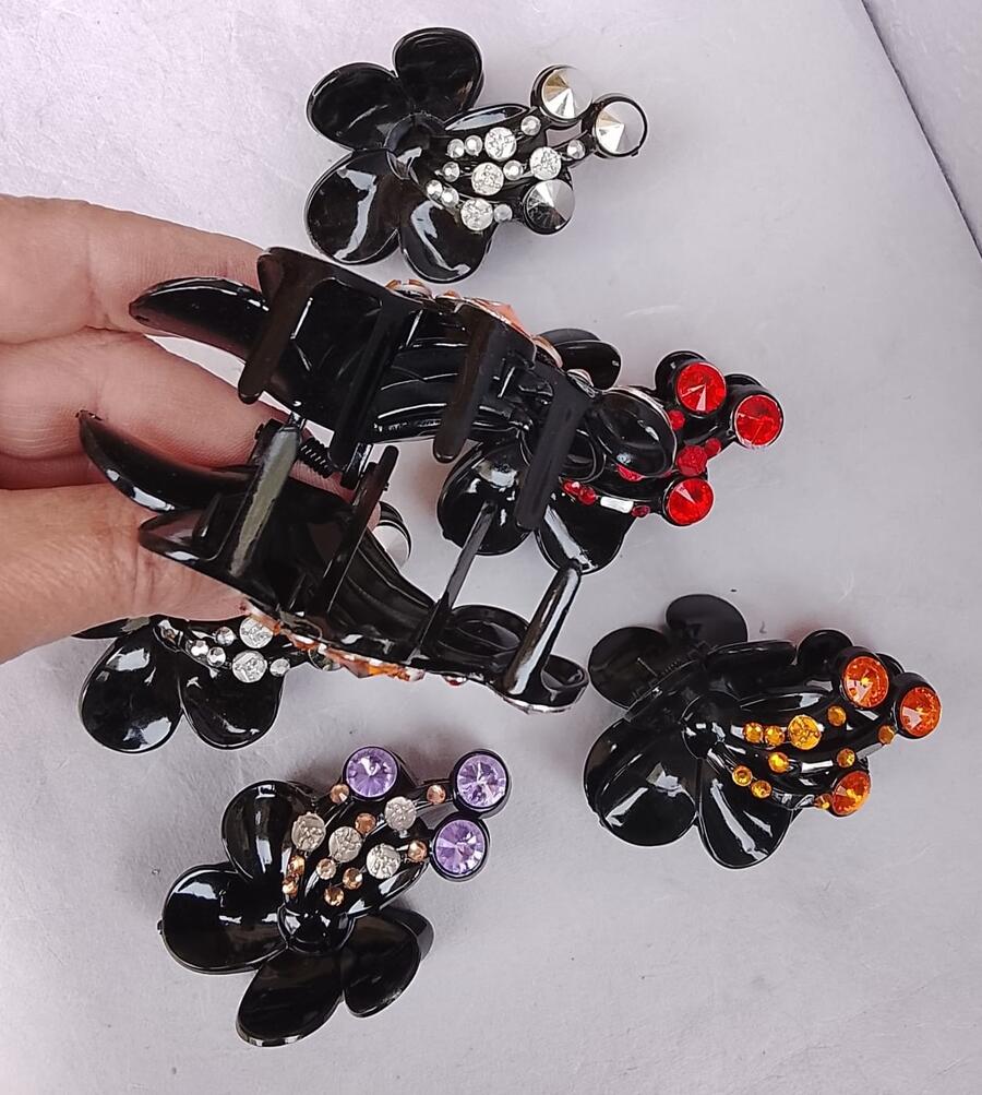 Set 12 Pinze Grandi per Capelli (9,5 cm) Design Floreale con Zirconi Luminosi Assortiti