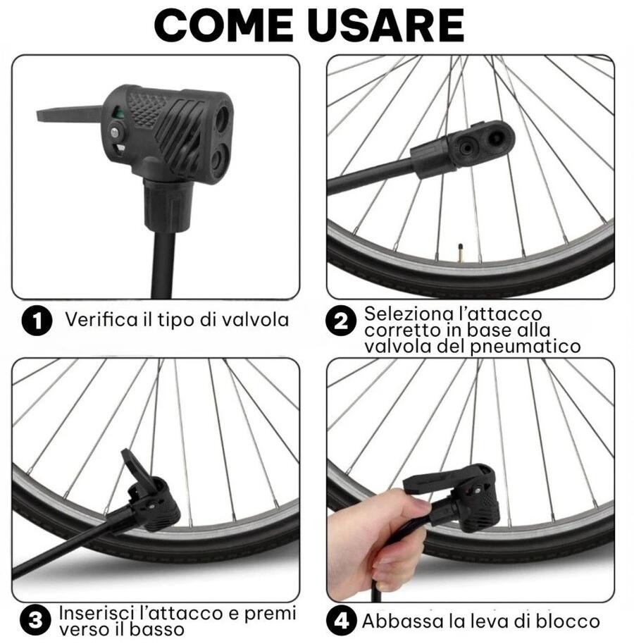 Pompa Manuale ad Aria con Manometro Per Bici Palloni Auto Compressore Portatile
