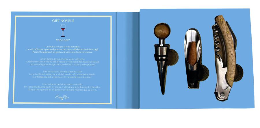 Easy Life -  Set Vino 3 pezzi apribottiglie, tappo e versatore in scatola regalo “Gift Novel”