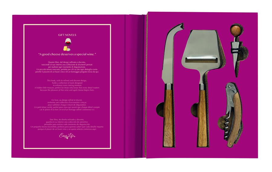 Easy Life - Set 4 Pezzi Vino e Formaggi con Coltello, Affetta Formaggio, Apribottiglie e Tappo