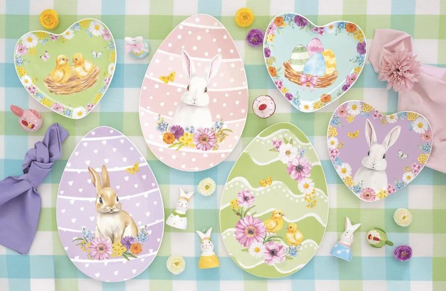 Easy Life - Vassoio Pasquale a Forma di Uovo in Porcellana 30×21 cm – 6 Decori Egg Hunt