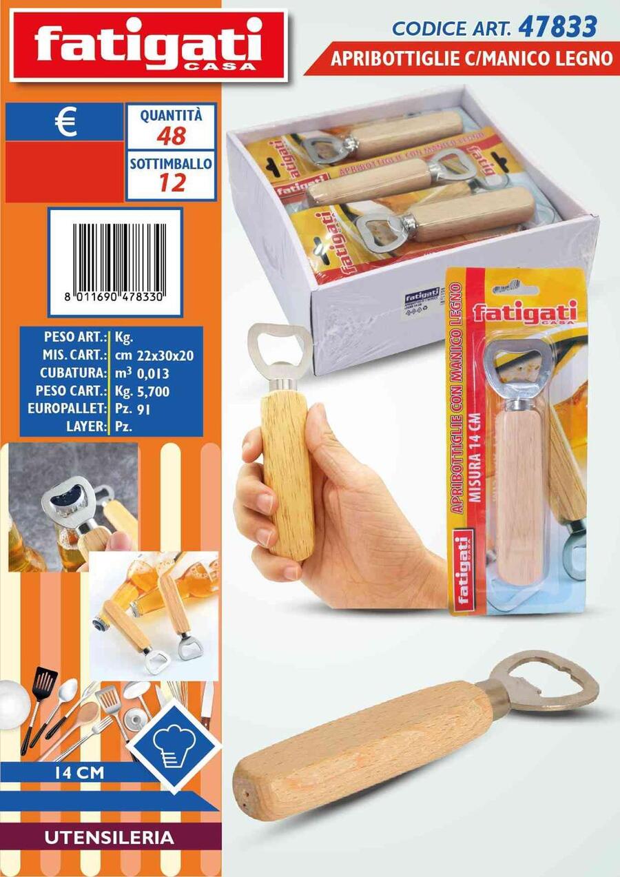FATIGATI APRIBOTTIGLIE CON MANICO IN LEGNO cm 14
 [Conf.da 12 pezzi]