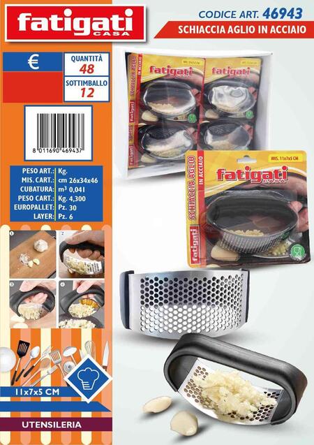 FATIGATI SCHIACCIA AGLIO IN ACCIAIO cm 11x7x5
 [Conf.da 12 pezzi]