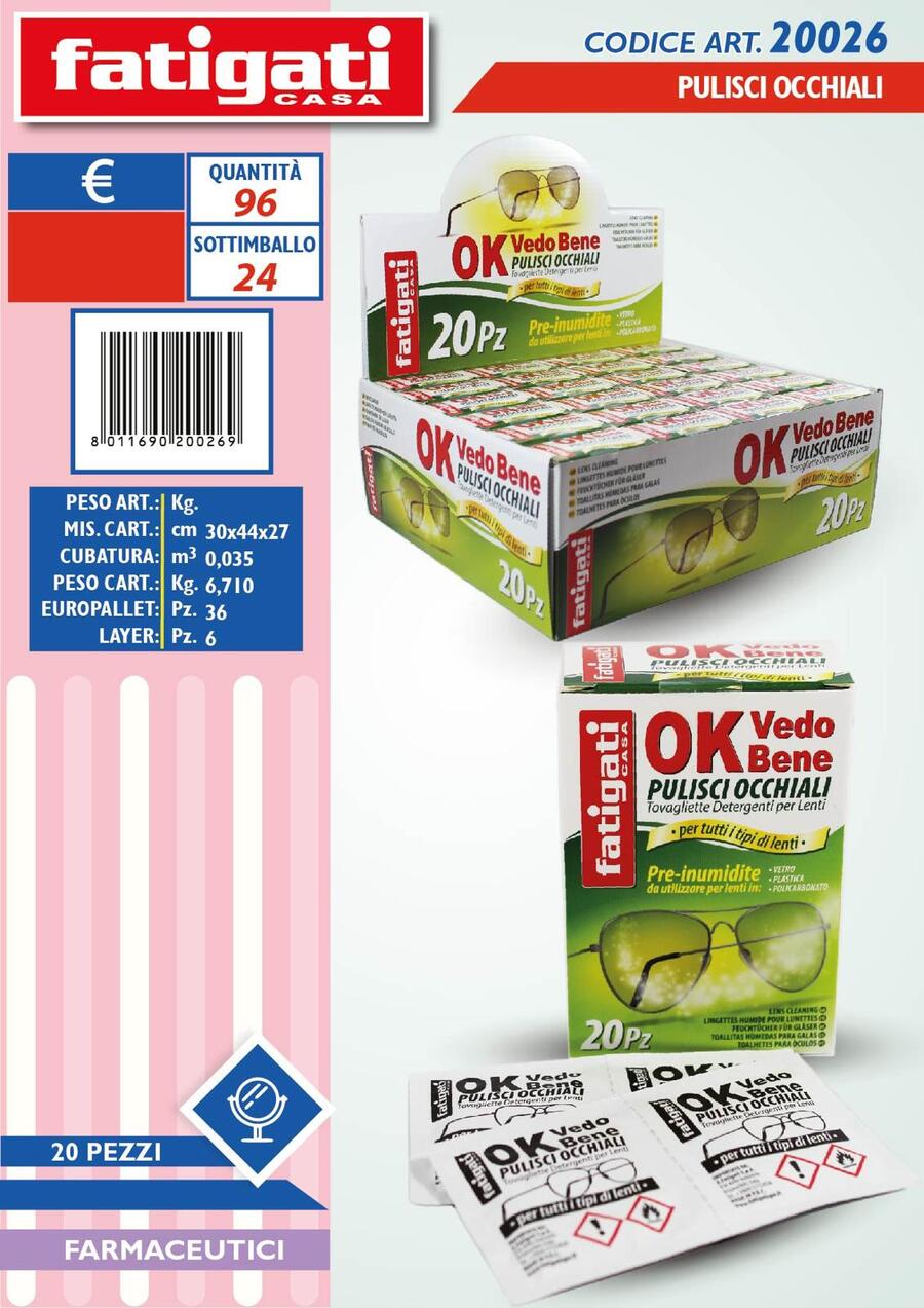 FATIGATI PULISCI OCCHIALI BOX DA 20 PEZZI
 [Conf.da 24 pezzi]