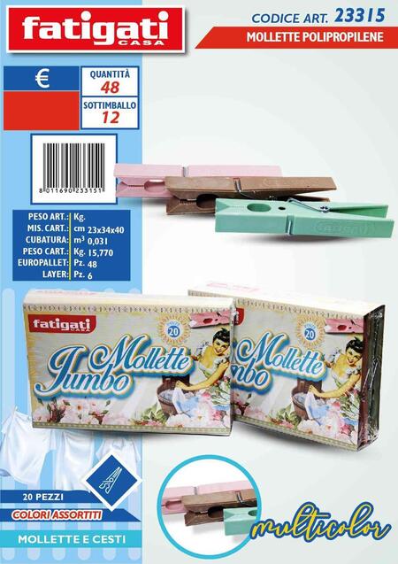 FATIGATI MOLLETTE JUMBO DA 20 MOLLETTE
 [Conf.da 12 pezzi]