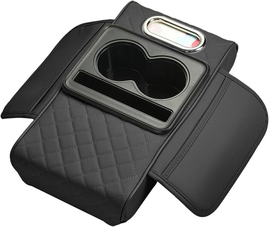 Cuscino Organizzer Nero In Pelle Supporto Multifunzionale Per Bracciolo Auto