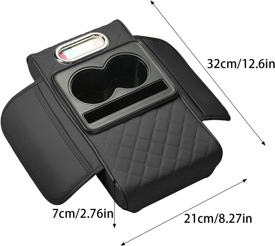 Cuscino Organizzer Nero In Pelle Supporto Multifunzionale Per Bracciolo Auto