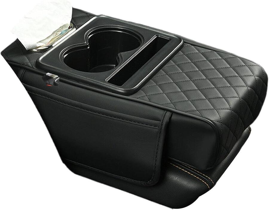 Cuscino Organizzer Nero In Pelle Supporto Multifunzionale Per Bracciolo Auto