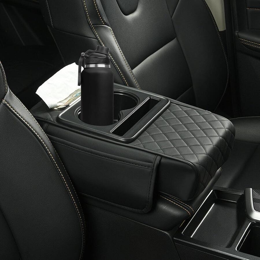 Cuscino Organizzer Nero In Pelle Supporto Multifunzionale Per Bracciolo Auto