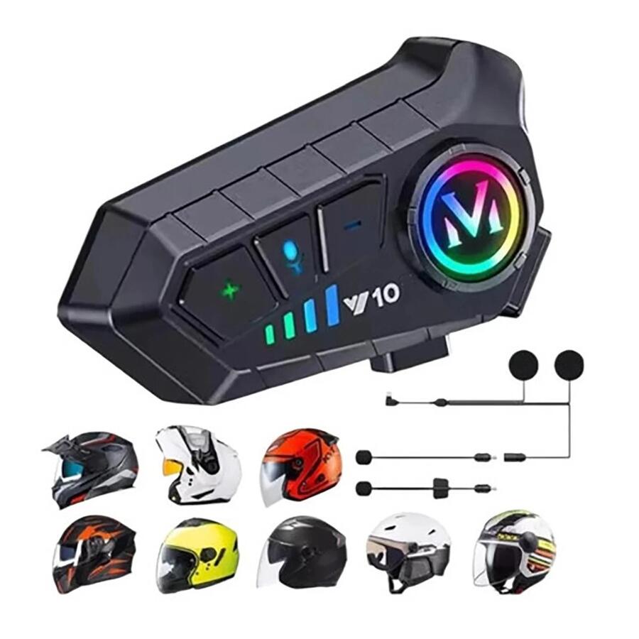 INTERFONO MOTO IMPERMEABILE V10 CASCO AURICOLARE BLUETOOTH 5.3 MICROFONO LED RGB