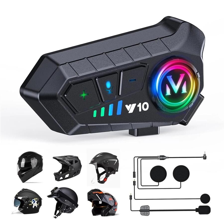 INTERFONO MOTO IMPERMEABILE V10 CASCO AURICOLARE BLUETOOTH 5.3 MICROFONO LED RGB
