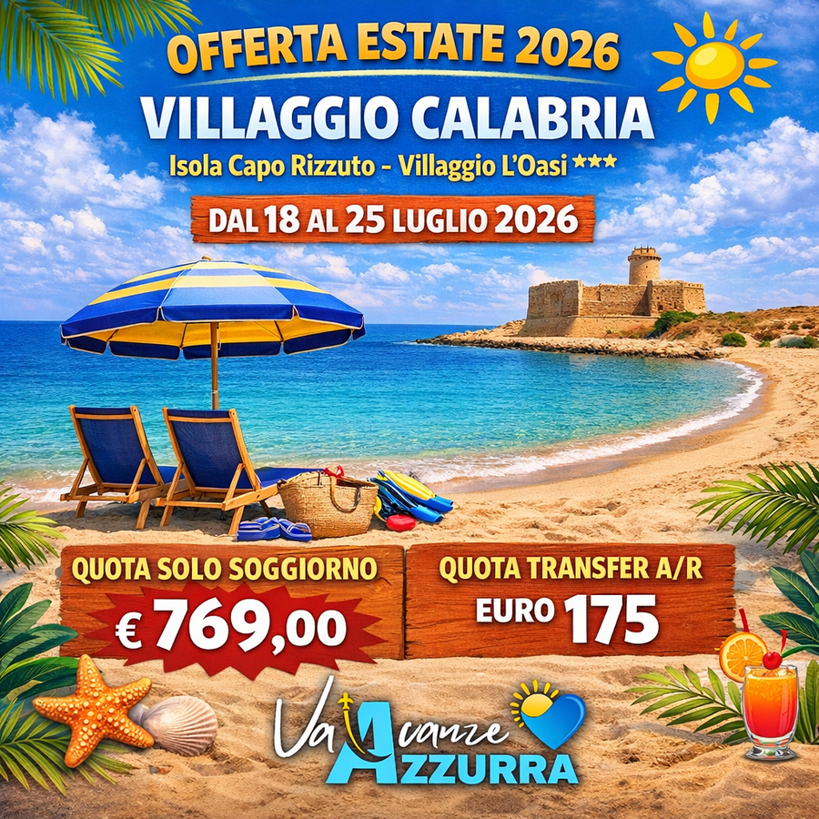18 LUGLIO 2026 8 GIORNI CALABRIA VILLAGGIO L'OASI CAPO RIZZUTO