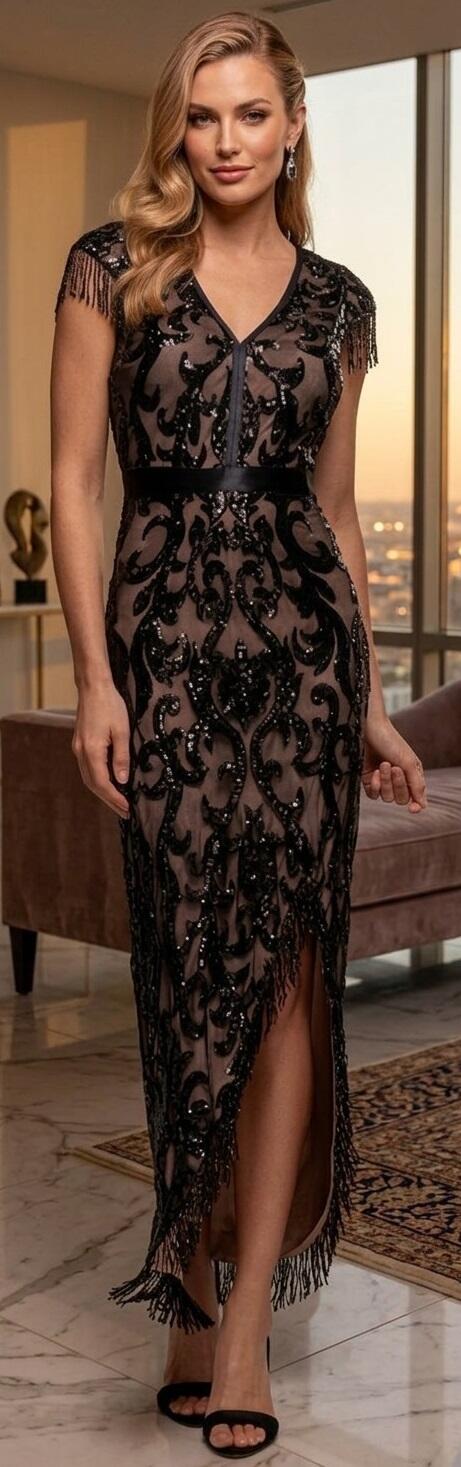 0974 Abito sette/ottavi ricamato con paillettes foderate e perline