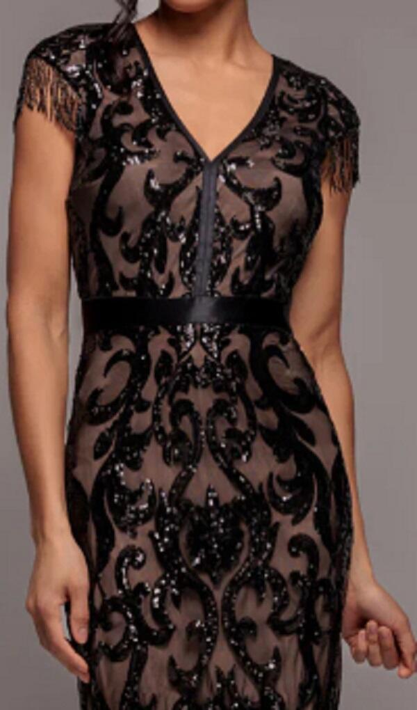 0974 Abito sette/ottavi ricamato con paillettes foderate e perline