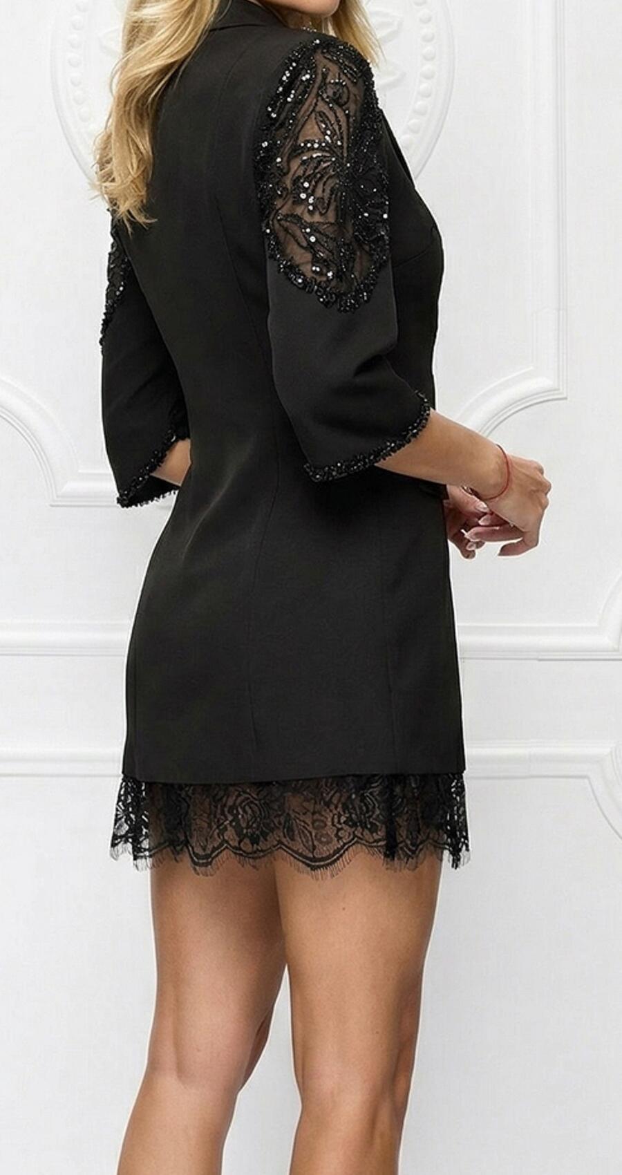 0977 Abito a giacca in stile smoking con pizzo nero e perline
