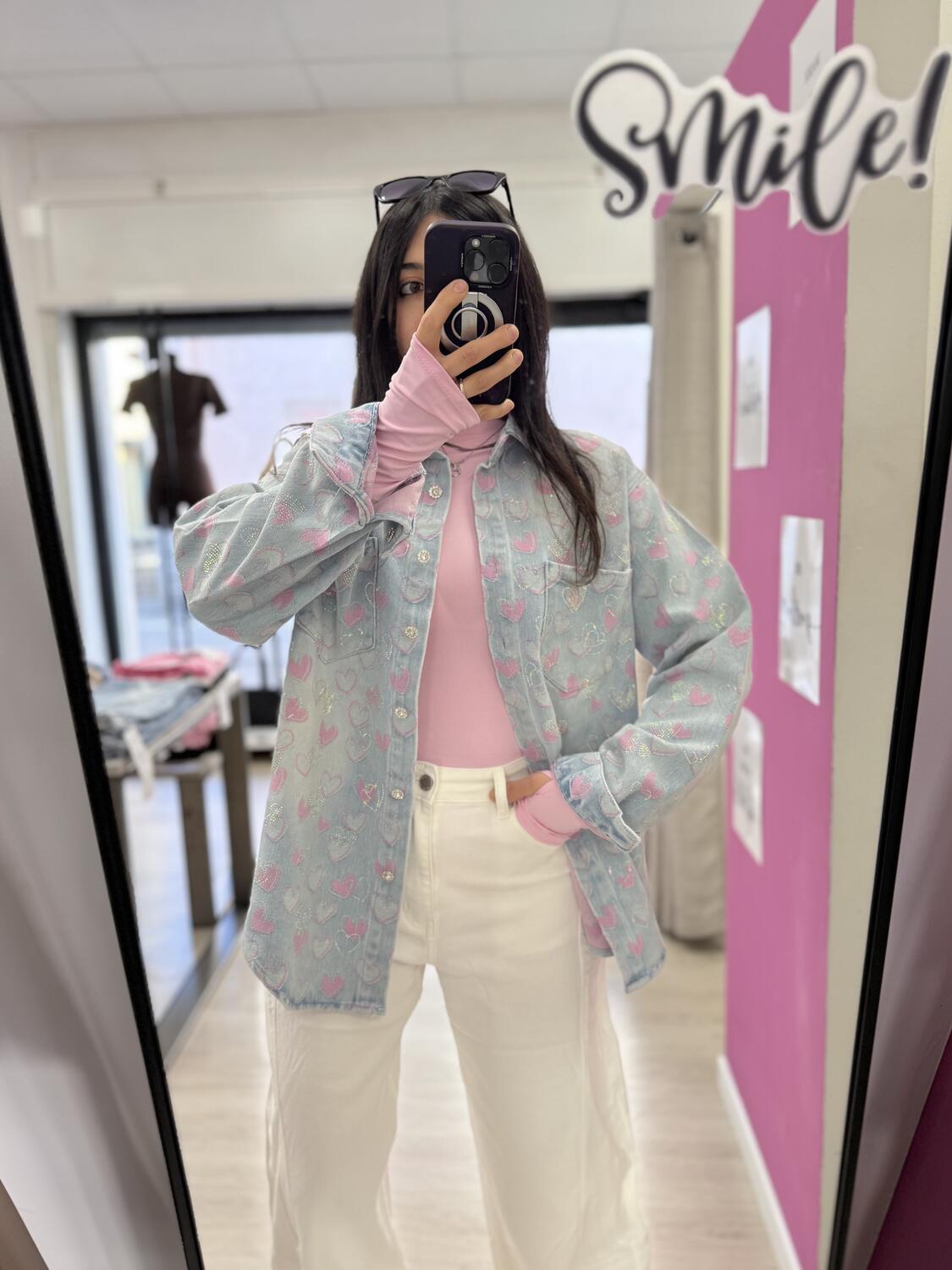 NOVITÀ Giacca in denim over cuori e brillantini