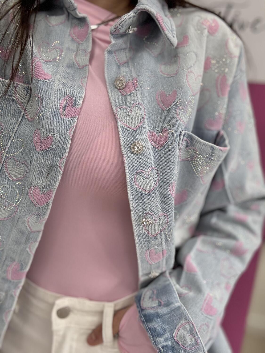 NOVITÀ Giacca in denim over cuori e brillantini