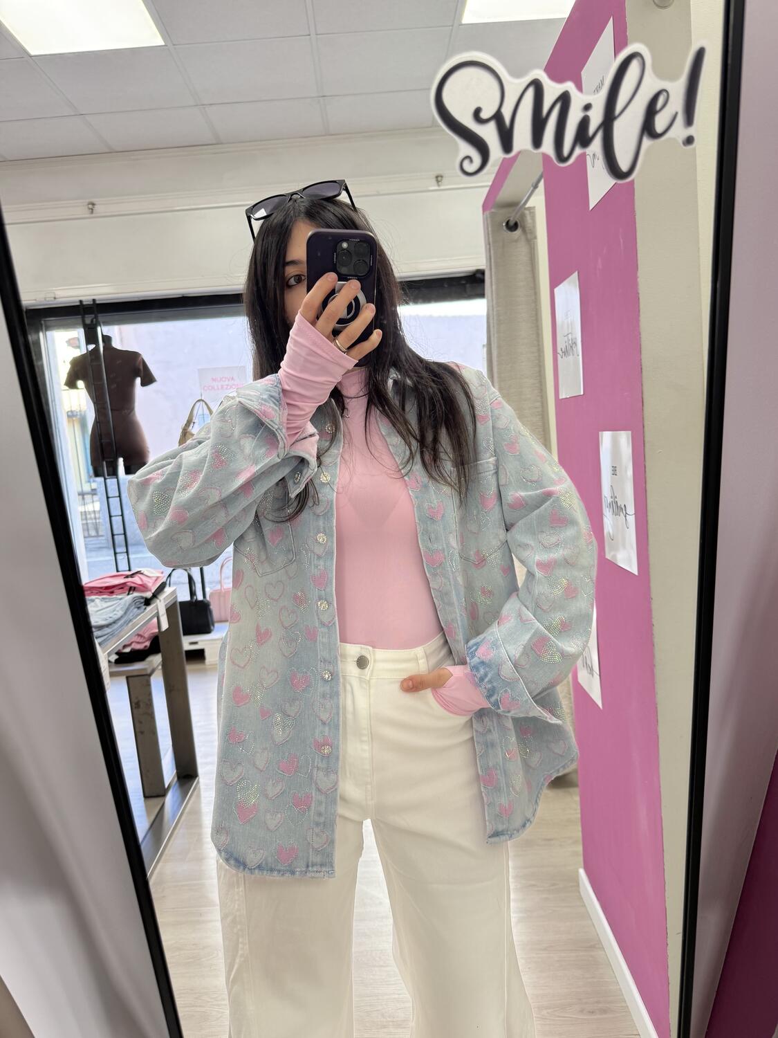 NOVITÀ Giacca in denim over cuori e brillantini