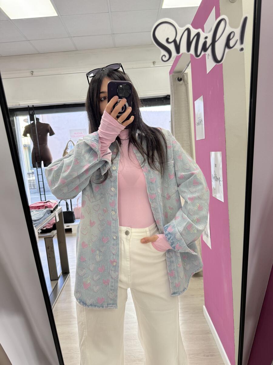 NOVITÀ Giacca in denim over cuori e brillantini