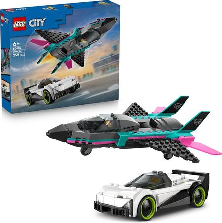 LEGO City Jet Contro Auto Sportiva Giocattolo - Set con Aereo, Macchina e 2 Minifigure di Piloti - Idea Regalo Creativa di Compleanno per Bambini da 6 Anni in su - 60489