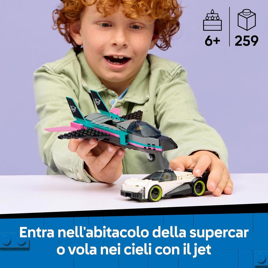 LEGO City Jet Contro Auto Sportiva Giocattolo - Set con Aereo, Macchina e 2 Minifigure di Piloti - Idea Regalo Creativa di Compleanno per Bambini da 6 Anni in su - 60489