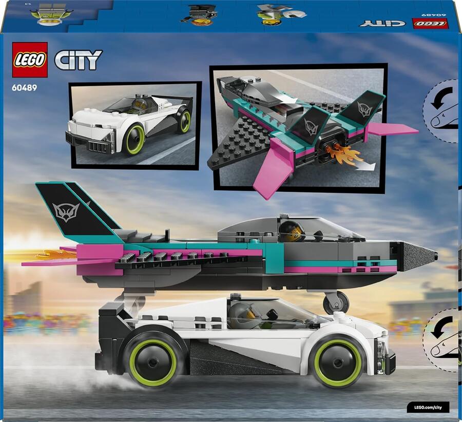 LEGO City Jet Contro Auto Sportiva Giocattolo - Set con Aereo, Macchina e 2 Minifigure di Piloti - Idea Regalo Creativa di Compleanno per Bambini da 6 Anni in su - 60489