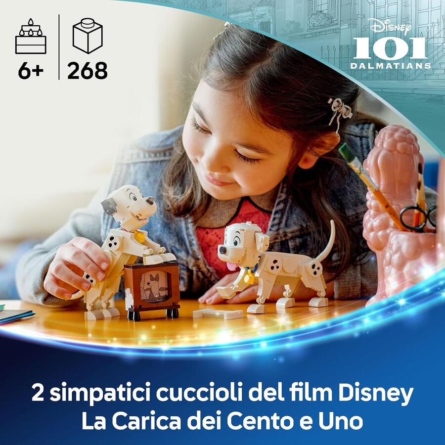 LEGO ǀ Disney Pongo e Peggy - La Carica dei Cento e Uno - Animali Giocattolo per il Gioco e l'Esposizione - Figure con Teste, Gambe e Code Mobili - Con Osso e TV - Regalo per Bambine da 6 Anni 43271