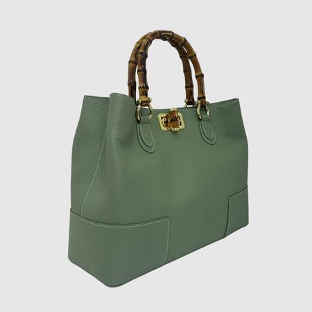 Borsa in Vera Pelle Martellata con Manici in Bamboo Naturale