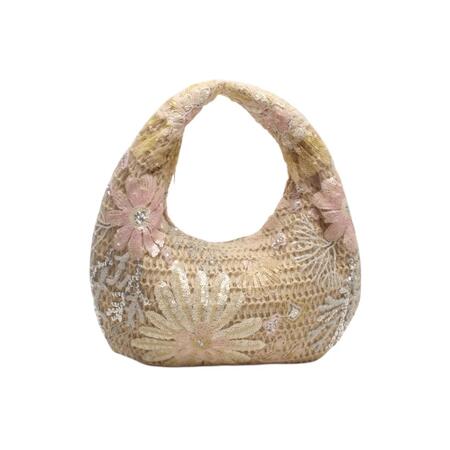 Borsa a spalla, tela, intreccio, effetto fiore, con zip