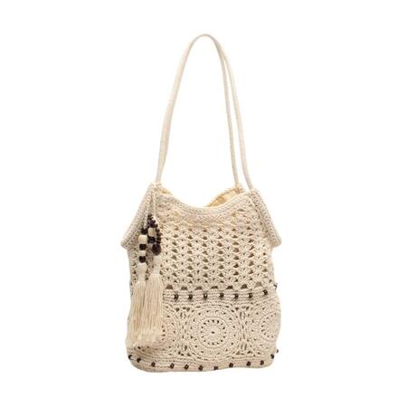 Borsa shopper in cotone intrecciato, a spalla, con ciondolo, con zip BEIGE
