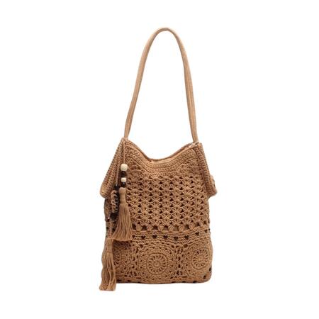 Borsa shopper in cotone intrecciato, a spalla, con ciondolo, con zip CAMEL