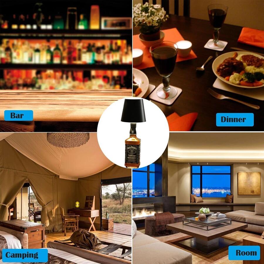 LAMPADA NERO LED TOUCH BOTTIGLIA TAPPO TAVOLO RICARICABILE USB C DIMMERABILE 
