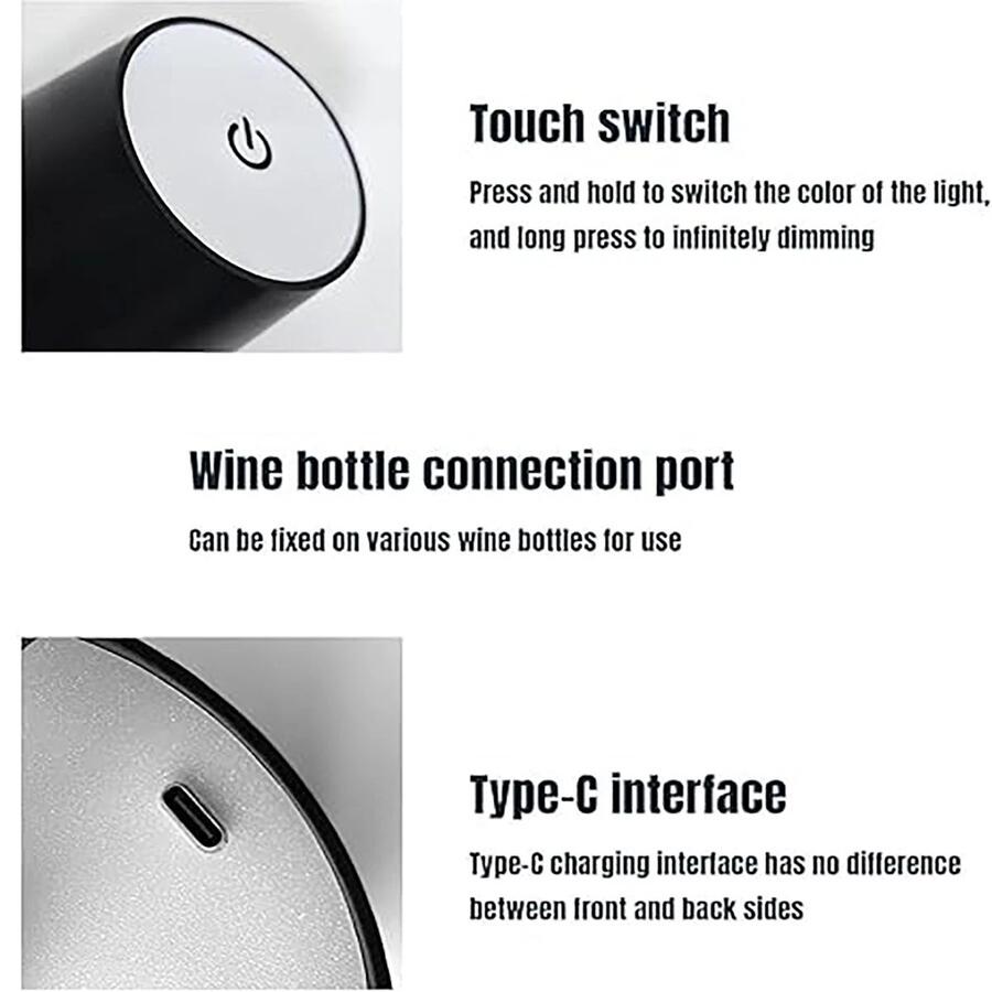 LAMPADA NERO LED TOUCH BOTTIGLIA TAPPO TAVOLO RICARICABILE USB C DIMMERABILE 