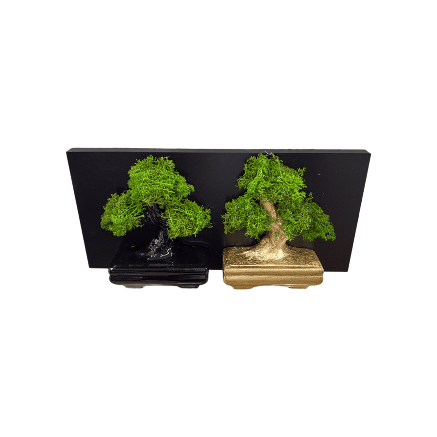 Sharon Italia - Quadretto Doppi Bonsai in Porcellana Oro e Nero con Muschio Stabilizzato - 34xH17 cm