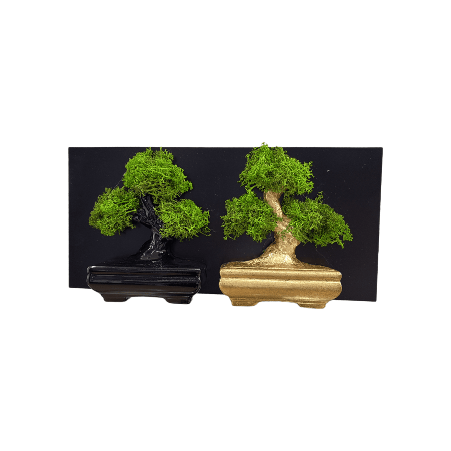 Sharon Italia - Quadretto Doppi Bonsai in Porcellana Oro e Nero con Muschio Stabilizzato - 34xH17 cm